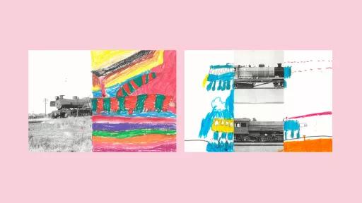 Sections of photos of trains, with the rest of the image drawn by children.