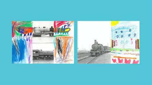 Sections of photos of trains, with the rest of the image drawn by children.