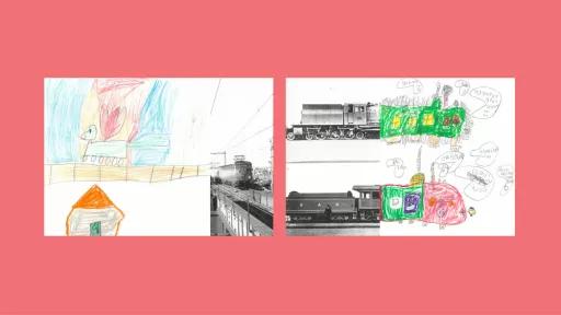 Sections of photos of trains, with the rest of the image drawn by children.