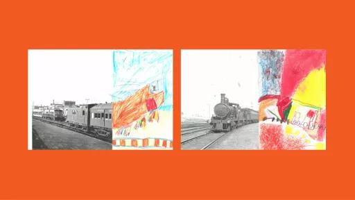 Sections of photos of trains, with the rest of the image drawn by children.