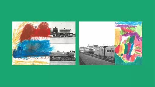 Sections of photos of trains, with the rest of the image drawn by children.