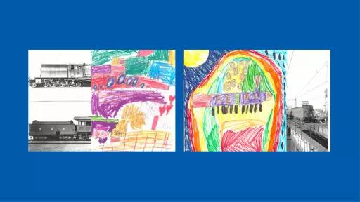 Sections of photos of trains, with the rest of the image drawn by children.