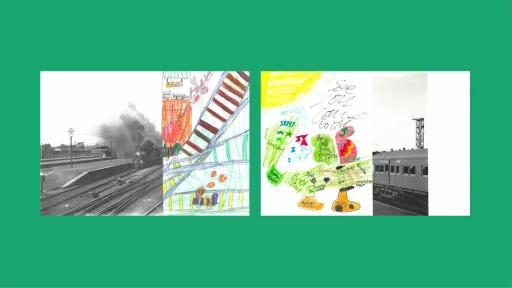 Sections of photos of trains, with the rest of the image drawn by children.