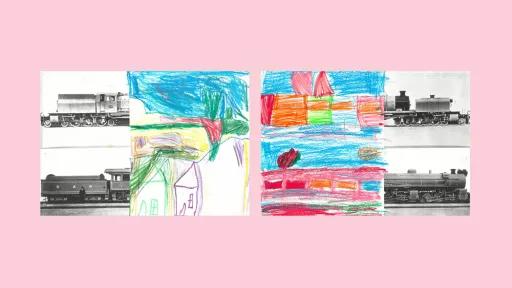 Sections of photos of trains, with the rest of the image drawn by children.