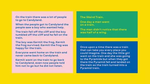 Text. Left reads "on the train there was a lot of people to go to Candyland. When the people got to Candyland the people saw a boy who wanted help." Top right "the Weird Train. One day a man went on a train. The man didn't notice that there was half a wing." Bottom right "Once upon a time there was a train that can take you everyplace you could imagine. One day the little girl went on the train and she was going to the Pyramids but when they got there the Pyramid fell and landed on the train."