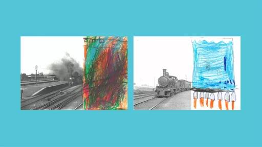 Sections of photos of trains, with the rest of the image drawn by children.