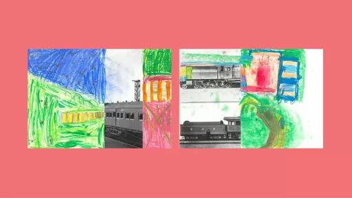 Sections of photos of trains, with the rest of the image drawn by children.