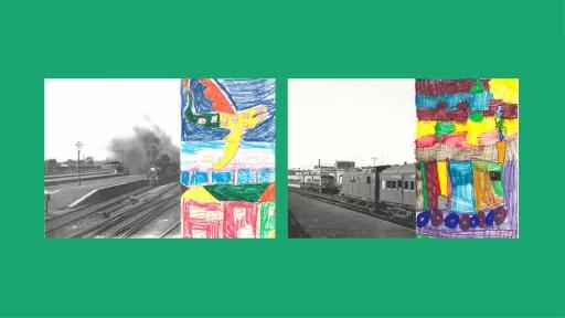 Sections of photos of trains, with the rest of the image drawn by children.