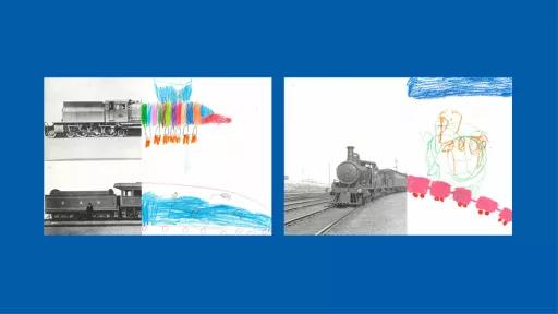 Sections of photos of trains, with the rest of the image drawn by children.