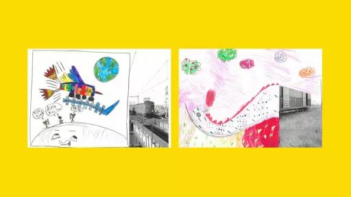 Sections of photos of trains, with the rest of the image drawn by children.