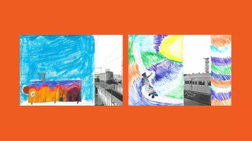 Sections of photos of trains, with the rest of the image drawn by children.