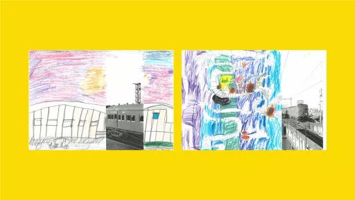 Sections of photos of trains, with the rest of the image drawn by children.