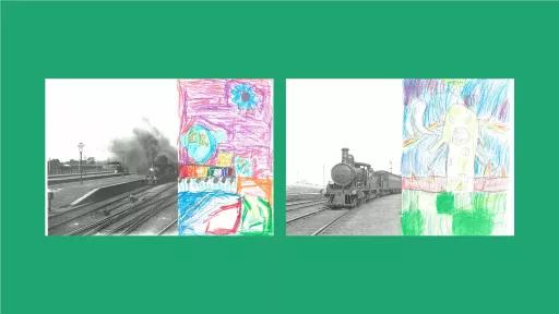 Sections of photos of trains, with the rest of the image drawn by children.