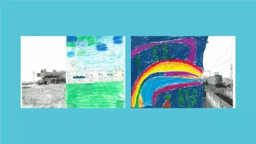 Sections of photos of trains, with the rest of the image drawn by children.