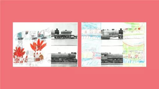 Sections of photos of trains, with the rest of the image drawn by children.