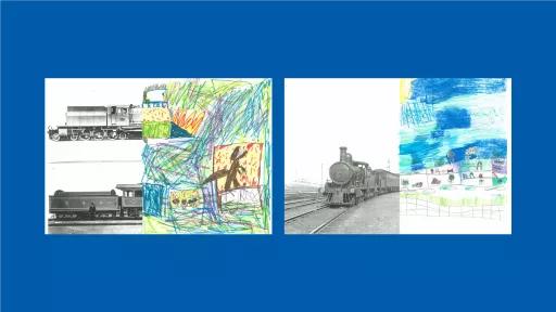 Sections of photos of trains, with the rest of the image drawn by children.