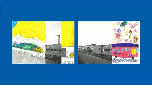 Sections of photos of trains, with the rest of the image drawn by children.