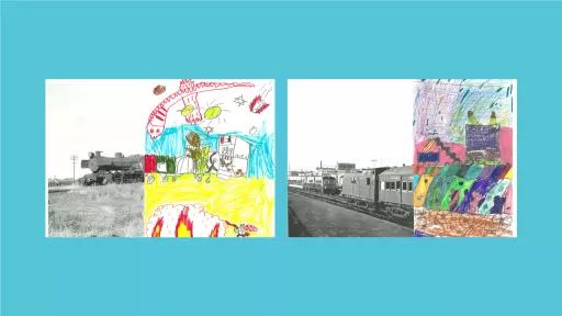 Sections of photos of trains, with the rest of the image drawn by children.