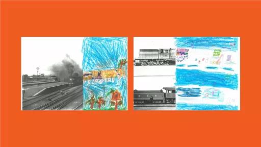 Sections of photos of trains, with the rest of the image drawn by children.