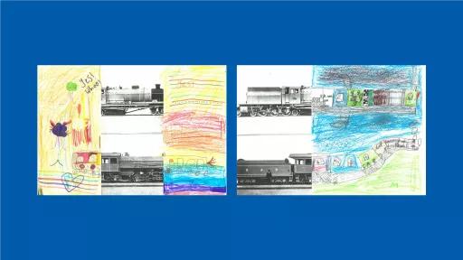 Sections of photos of trains, with the rest of the image drawn by children.