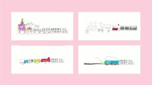 4 drawings of trains, done by children.