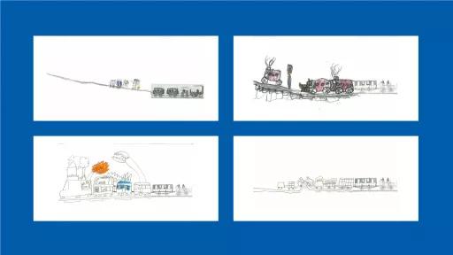 4 drawings of trains, done by children.