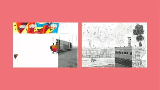 Sections of photos of trains, with the rest of the image drawn by children.