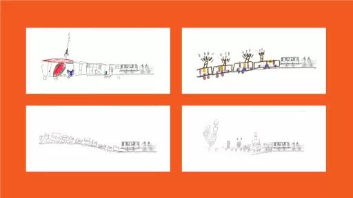 4 drawings of trains, done by children.