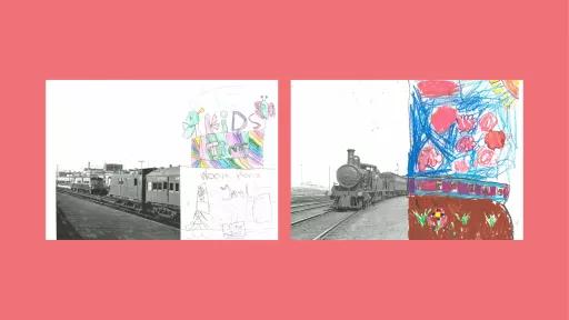 Sections of photos of trains, with the rest of the image drawn by children.