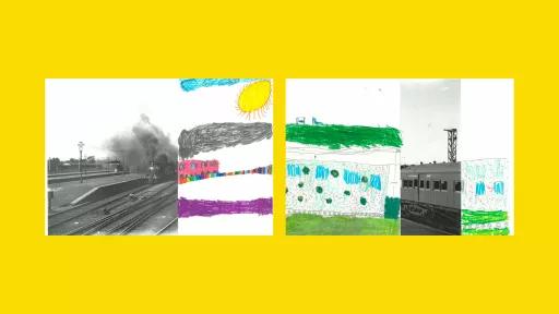 Sections of photos of trains, with the rest of the image drawn by children.