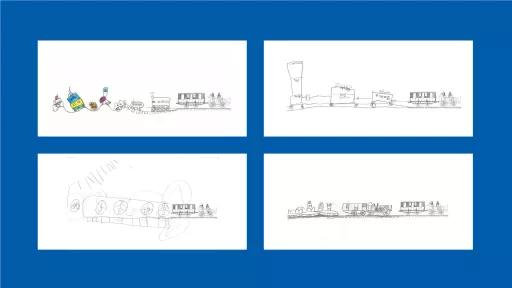 4 drawings of trains, done by children.