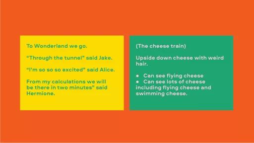 Image with text. Left reads "To wonderland we go. 'Through the tunnel' said Jake. 'I'm so so so excited' said Alice. 'From my calculations we will be there in two minutes' said Hermione." Right reads "(The cheese train) Upside down cheese with weird hair. Can see flying cheese. Can see lots of cheese including flying cheese and swimming cheese."