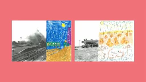 Sections of photos of trains, with the rest of the image drawn by children.