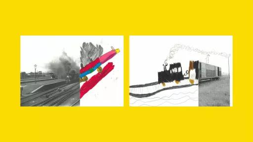 Sections of photos of trains, with the rest of the image drawn by children.