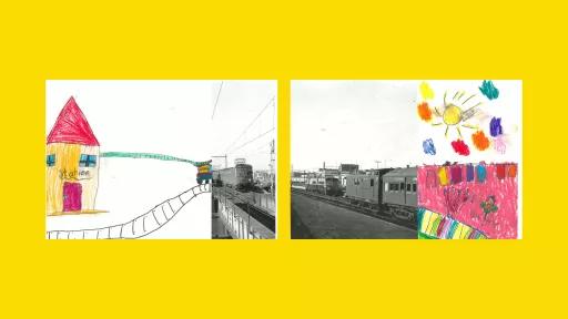 Sections of photos of trains, with the rest of the image drawn by children.