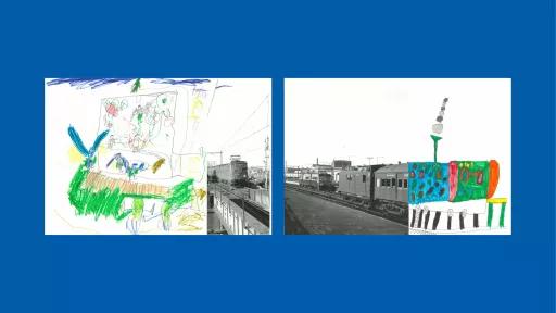 Sections of photos of trains, with the rest of the image drawn by children.