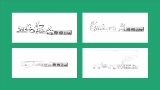 4 drawings of trains, done by children.