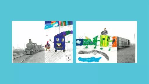 Sections of photos of trains, with the rest of the image drawn by children.