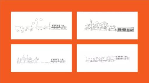 4 drawings of trains, done by children.