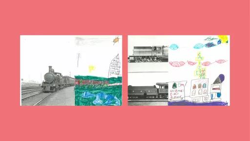 Sections of photos of trains, with the rest of the image drawn by children.