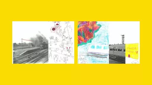 Sections of photos of trains, with the rest of the image drawn by children.