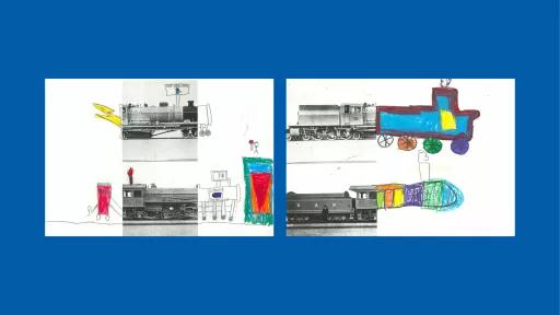 Sections of photos of trains, with the rest of the image drawn by children.