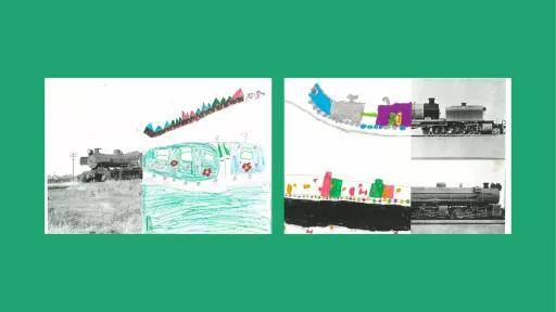 Sections of photos of trains, with the rest of the image drawn by children.