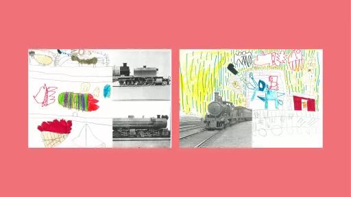 Sections of photos of trains, with the rest of the image drawn by children.