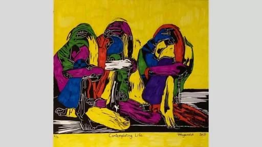 Lino print of three crouched figures huddled together on the ground. The background and their limbs are a warm yellow, while their clothing is multi-coloured.