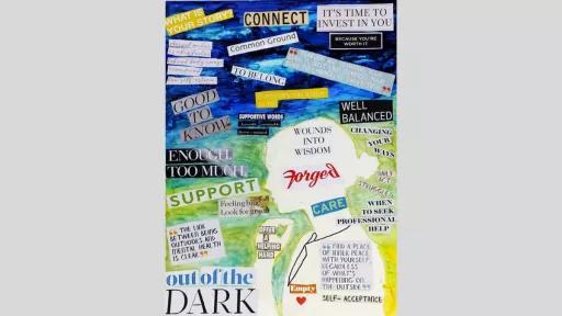 A while silhouette of a figure, holding their hand up under their chin. They are on a gradient background, from bule at the top to yellow at the bottom. Collaged over all this is is text from magazines. Some of this reads "Out of the dark", "what's your story", and "Offer a helping hand".