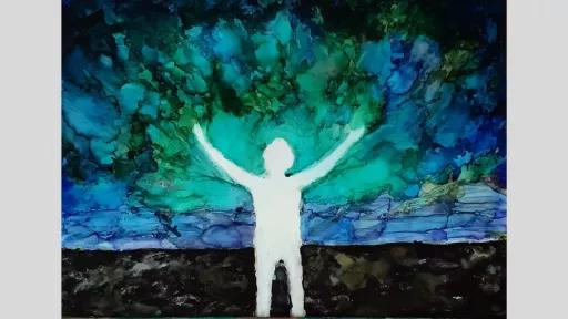 A white silhouette of a figure with their arms outstretched. The background is dark at the bottom, and is a watery blue/green at the top.