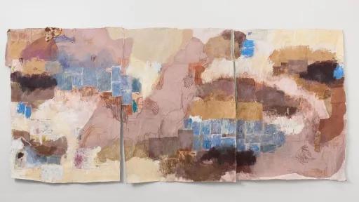 3 panels of canvas with raw cut edges. The canvas is painted with natural dyes, and collaged fabric and paper, also dyed.