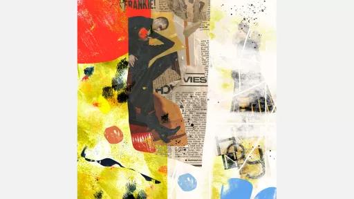 Abstract shapes, the word "honey" in the bottom right corner, a newspaper clipping in the centre overlaid with a magazine cutout of two people