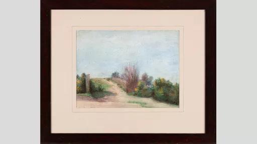 Painting of a landscape with a path surrounded by bushes and greenery